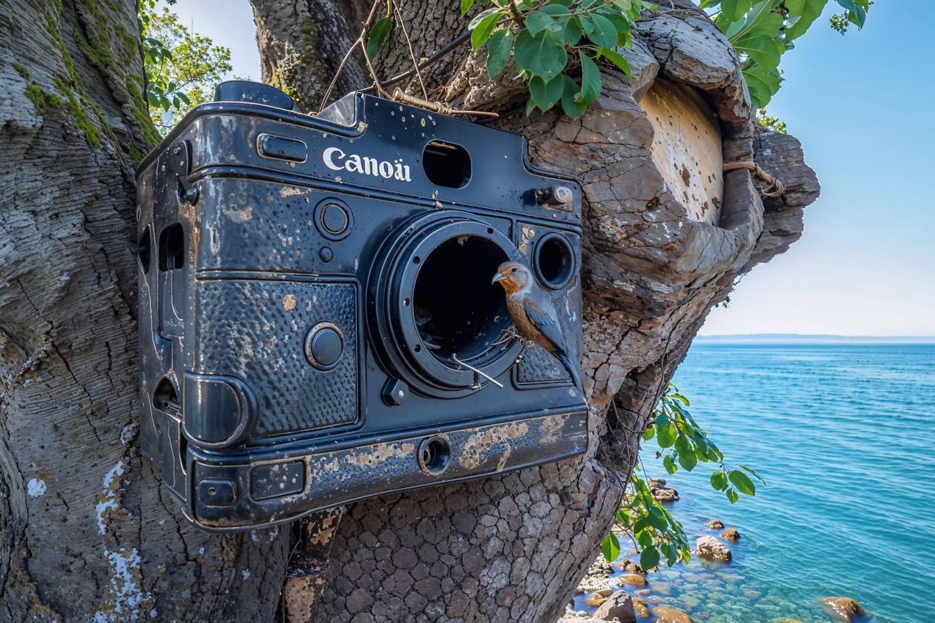 Fotomontaj premium al unei căsuțe de păsări realizat dintr-o cameră Canon veche