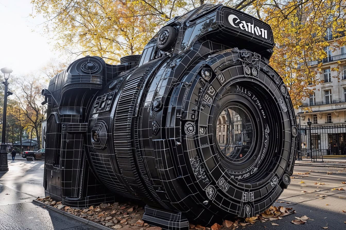 Gran escultura artística de una cámara digital Canon negra con lente de zoom