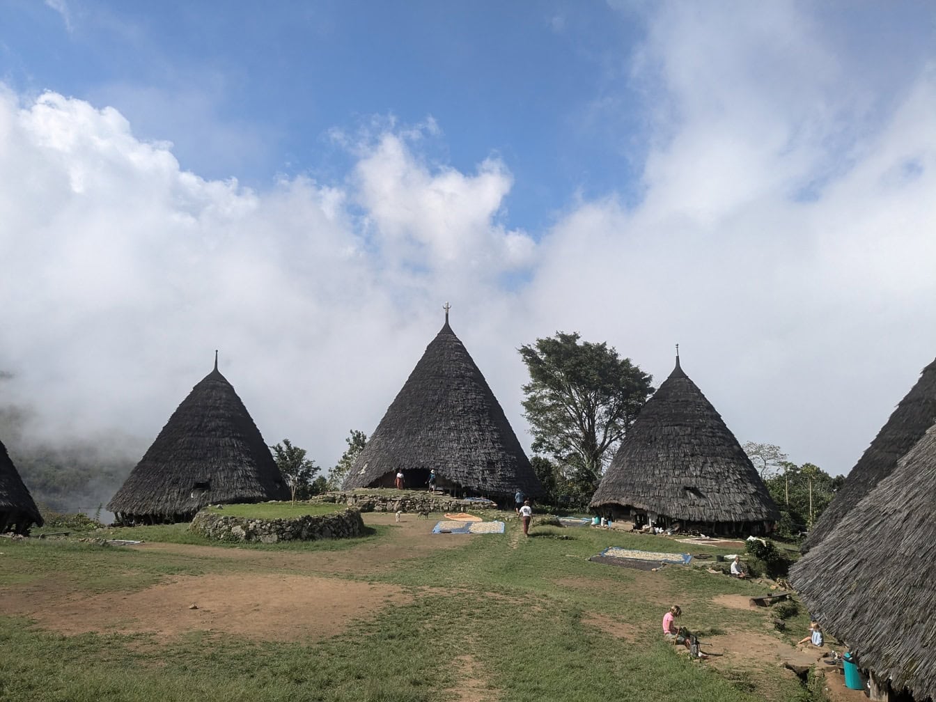 Cabanas de palha tradicionais com telhados tradicionais da grama de junco na vila ethno de Waerebo ou Wae Rebo no Manggarai, ecoturismo em Nusa Tenggara, Indonésia