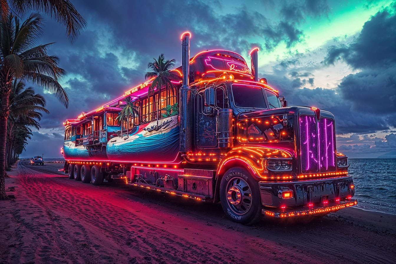 Camion cu 18 roți cu lumini de neon colorate roz-violet în stil futurist cyberpunk parcat pe o plajă noaptea