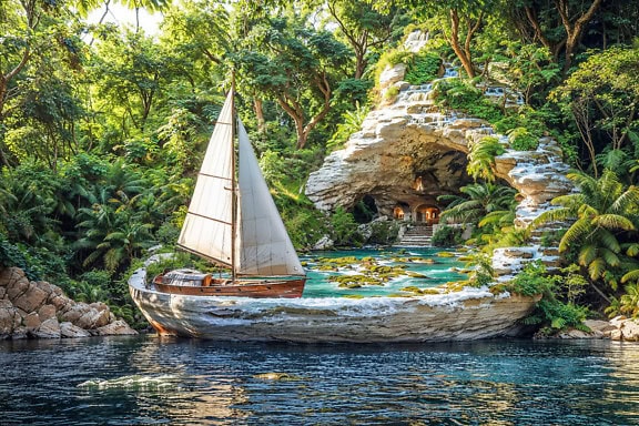 Perahu di bebatuan di kolam renang di depan resor gua di hutan