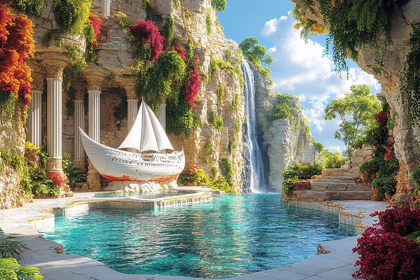 A luxury swimming pool with a decorative boat and a waterfall in a fairytale villa