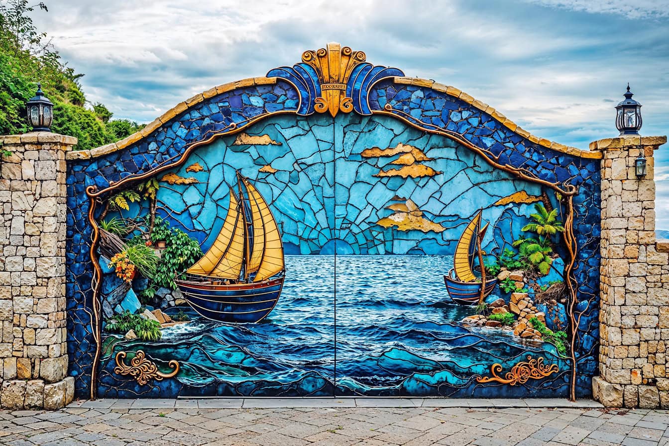 Porte en pierre avec mosaïque de style nautique, une porte maritime de luxe