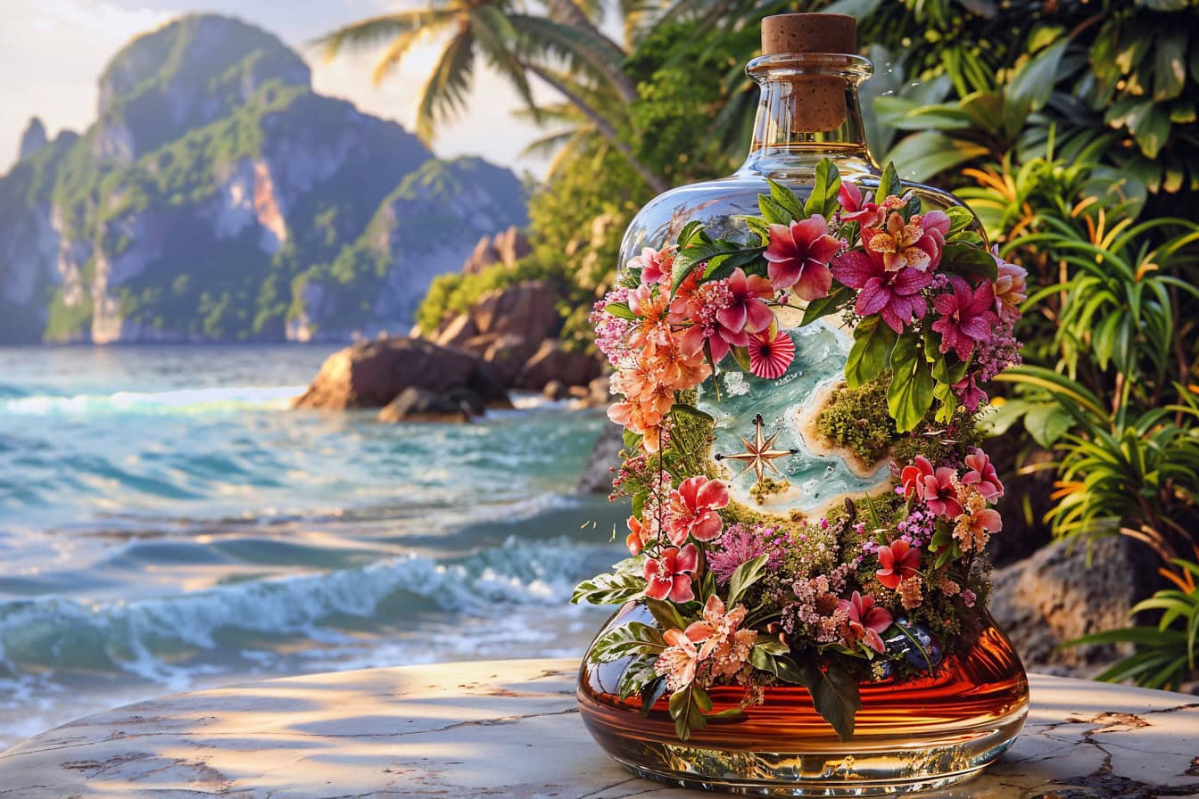 Una bottiglia di rum in vetro con tappo di sughero e una carta nautica decorata con fiori colorati sulla spiaggia