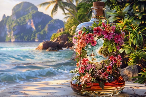 Eine Glasflasche Rum mit Korken und eine mit bunten Blumen geschmückte Seekarte am Strand