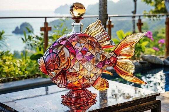 Handmade stained glass drinking bottle in the shape of a goldfish on the table