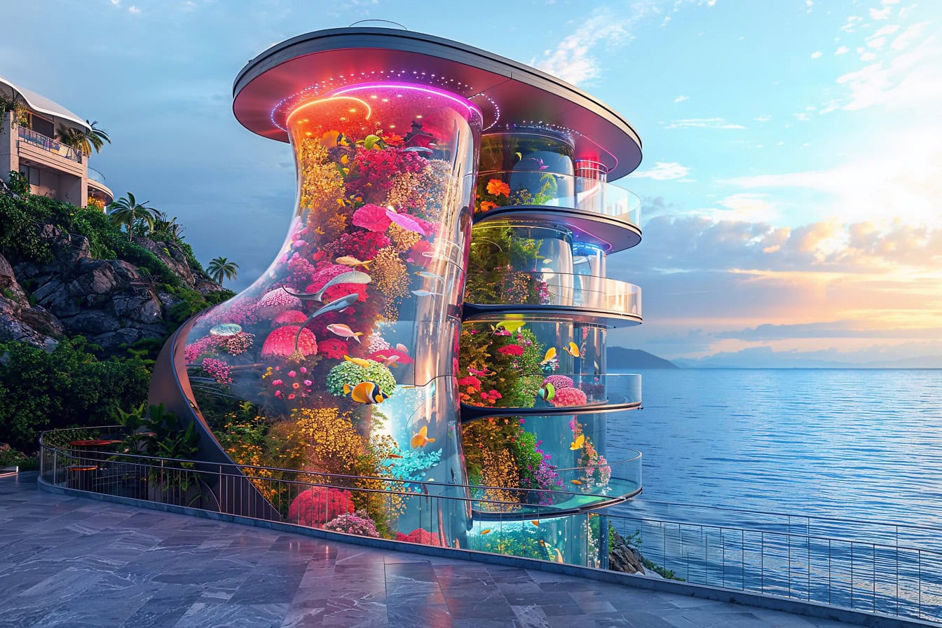 Gráfico premium de un concepto de un hotel ciberpunk futurista frente a la playa con acuarios que representan el mundo submarino marino