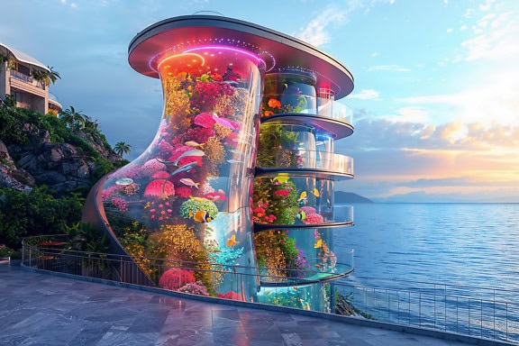 Premium graphic of a concept of a futuristic cyberpunk beachfront hotel with an aquariums depicting sea underwater world