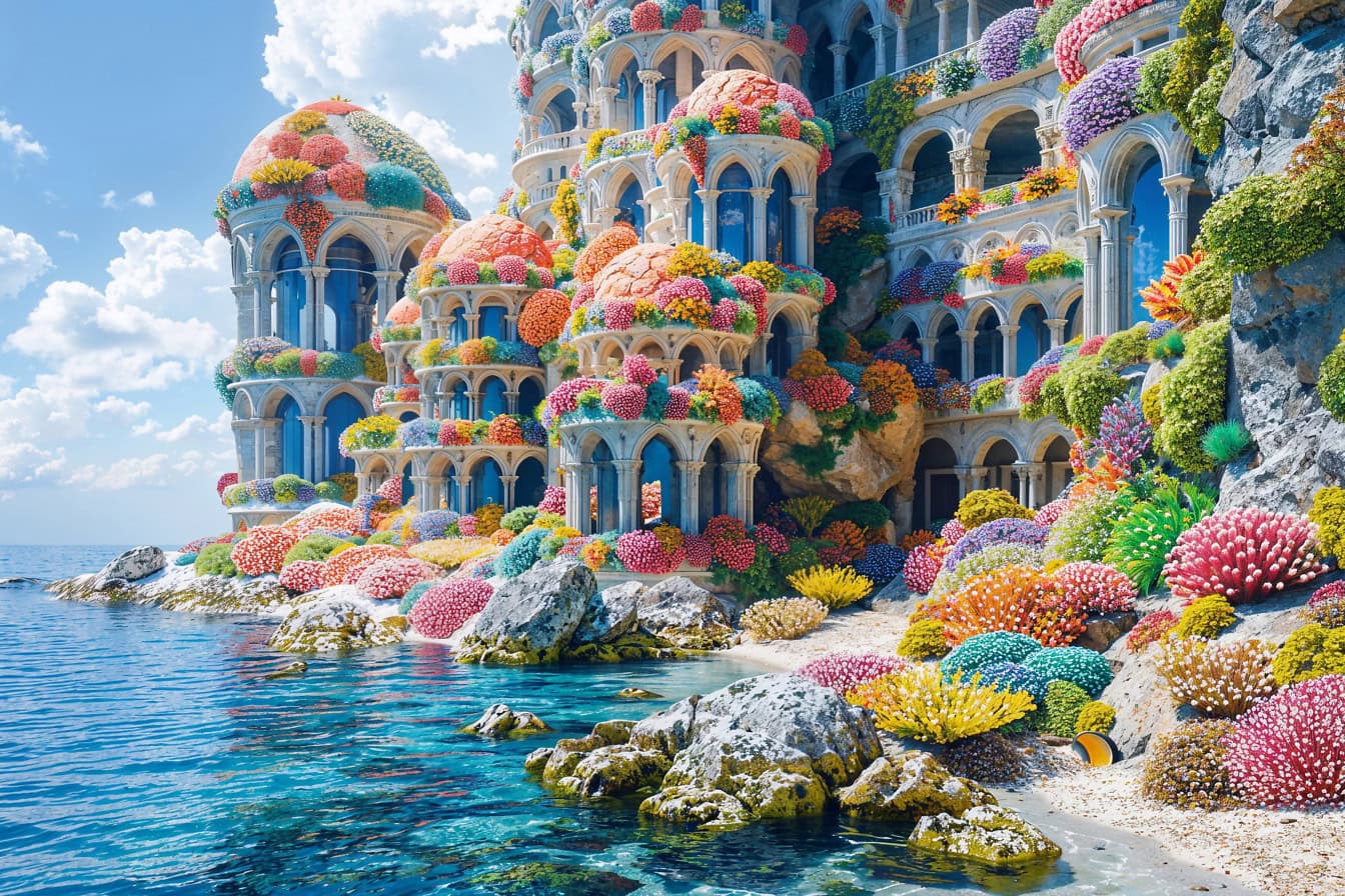 Une villa côtière de conte de fées recouverte de coraux colorés dans un pays fantastique