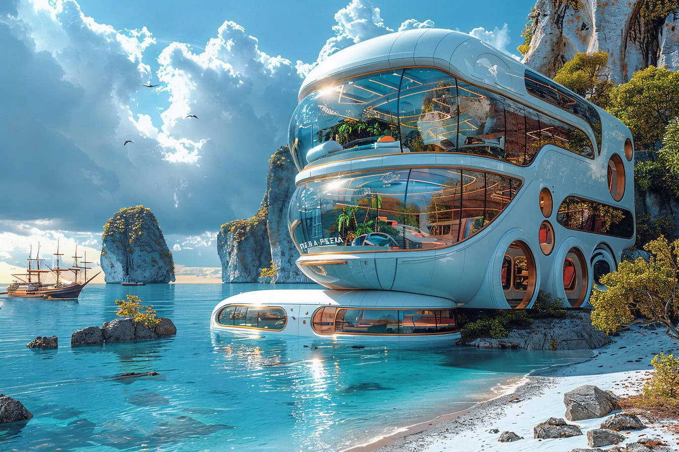 Un rendu 3D d’un concept de complexe de glamping futuriste sur une plage