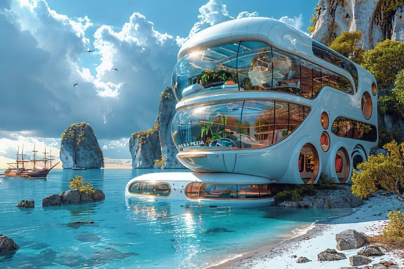 Ein 3D-Rendering eines Konzepts eines futuristischen Glamping-Resorts an einem Strand