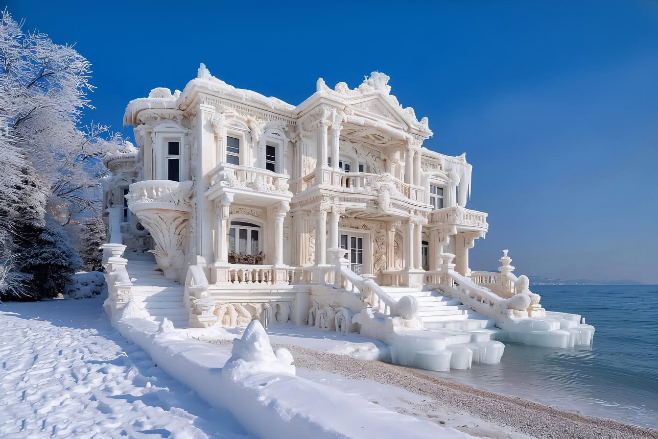 Een witte sprookjesachtige bevroren villa aan het strand bedekt met sneeuw in het Wonderland