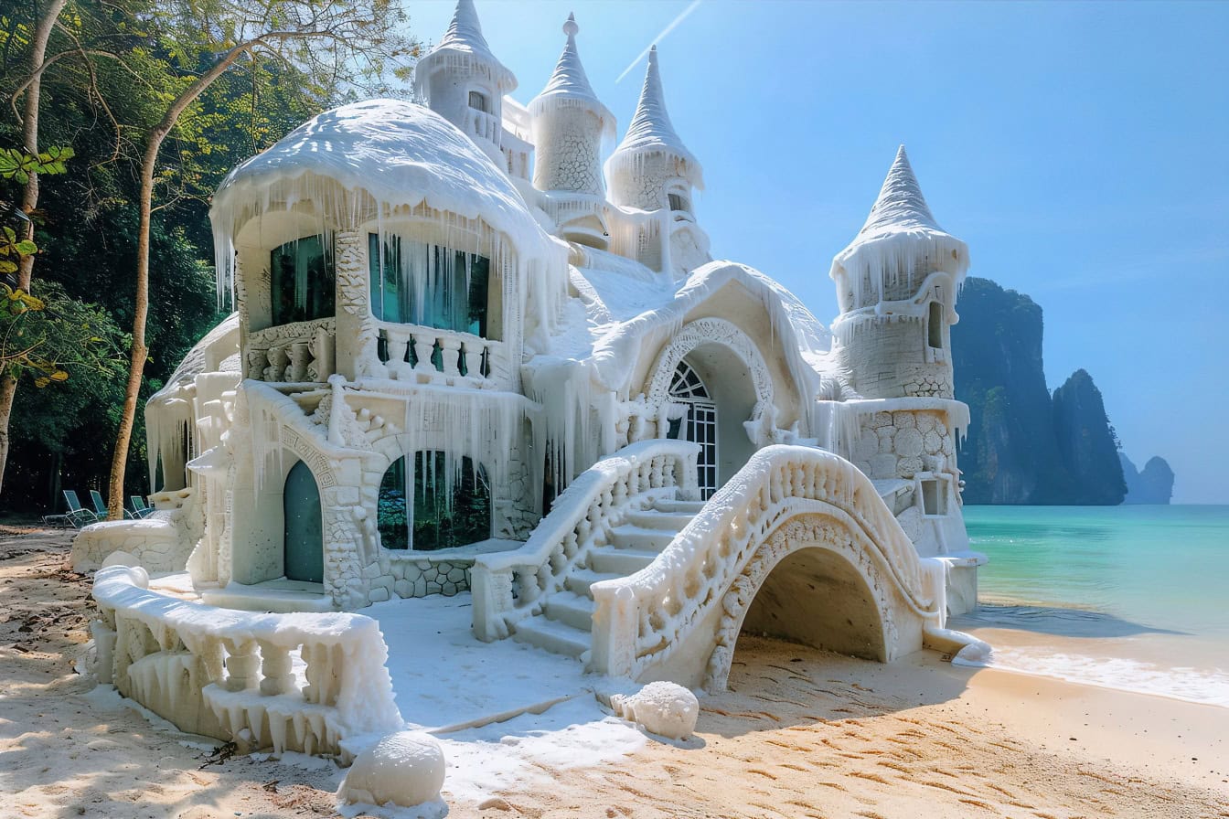 Un castillo blanco congelado, un castillo de hielo de cuento de hadas cubierto de nieve en una playa en el País de las Maravillas