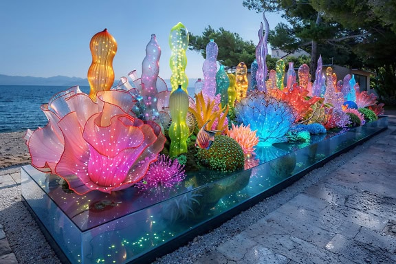 A cyberpunk sculpture inspired by sea world, a graphic of a colorful corals