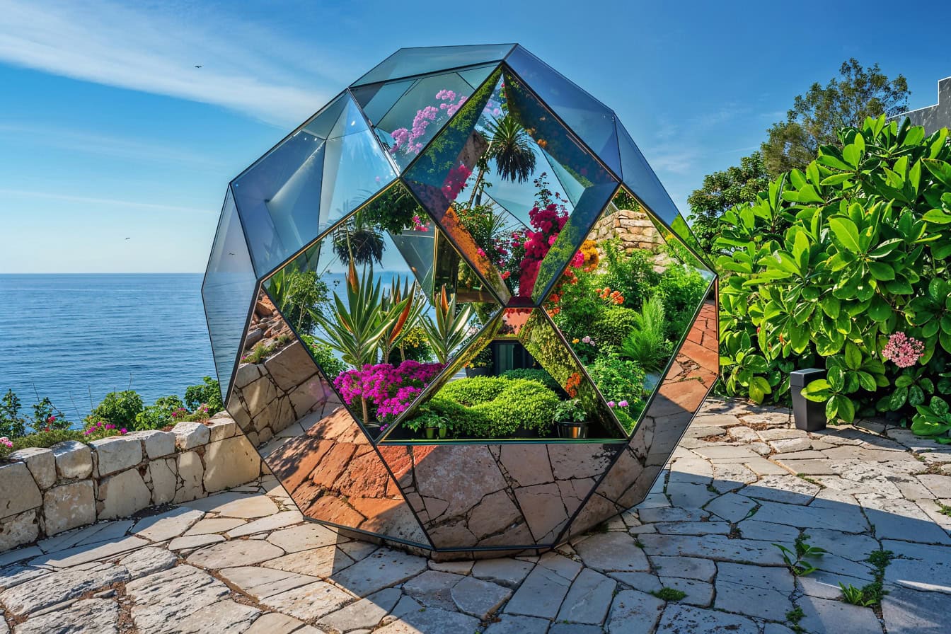 Conceito de design futurista de uma estufa em miniatura, um jardim botânico em forma de esfera de vidro com flores em um terraço à beira-mar