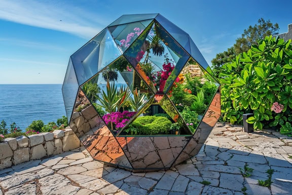 Futuristic design concept of a miniature greenhouse, a botanical garden in a shape of a glass sphere with flowers in it on a beachfront terrace