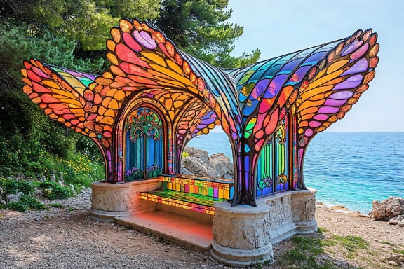 A vibrant colorful stained glass gazebo on a beach