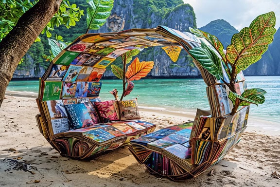 A bench made of magazines on the beach, the perfect place to enjoy reading your favorite book or newspaper