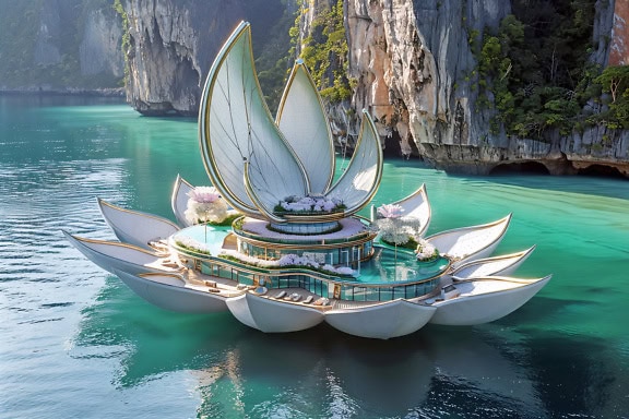 Futuristic concept of an elegant floating hotel-yacht in a shape of white lotus flower in tropical luxury resort