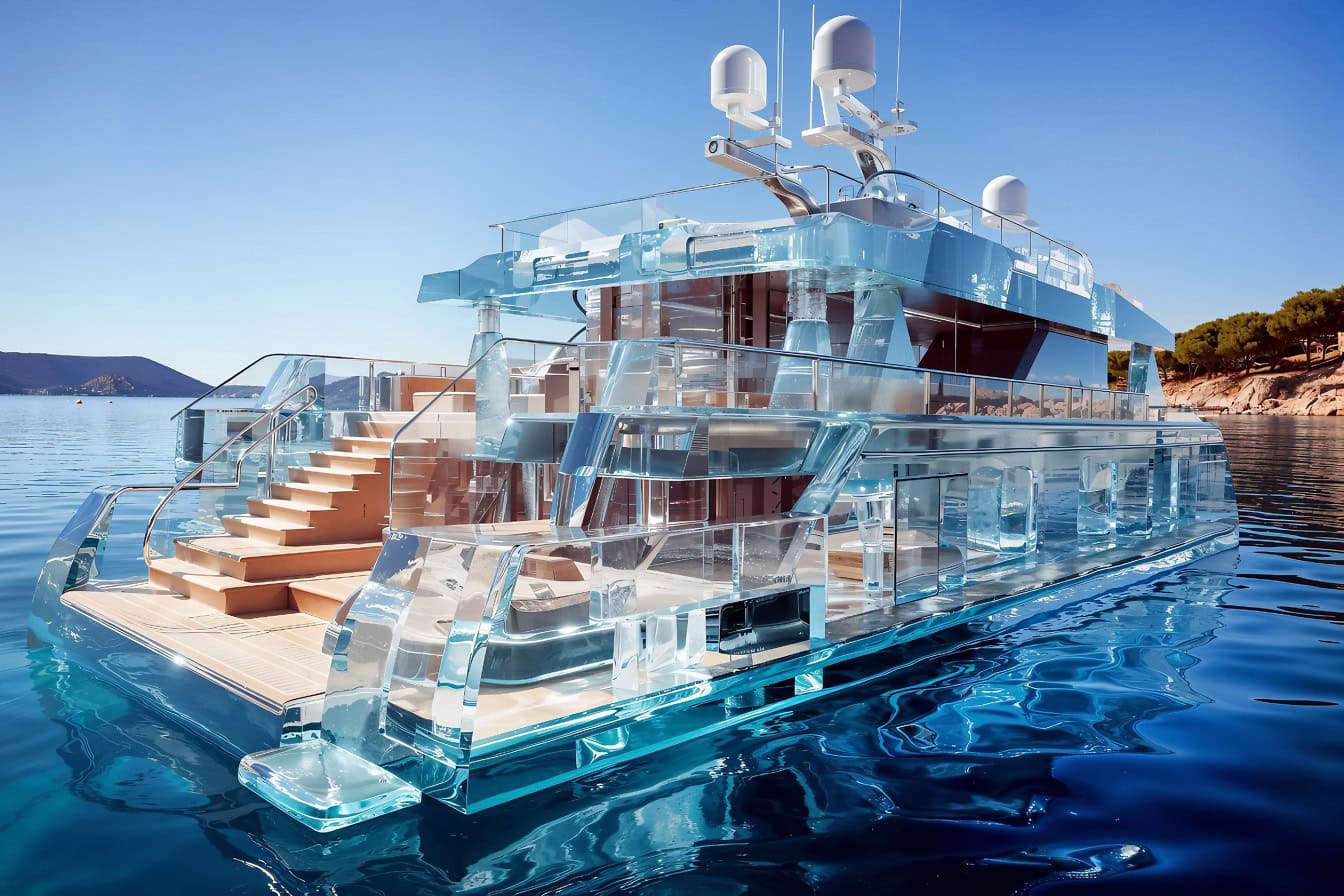 Minimalistic design concept of a futuristic super yacht made out of glass and transparent fiberglass on the water