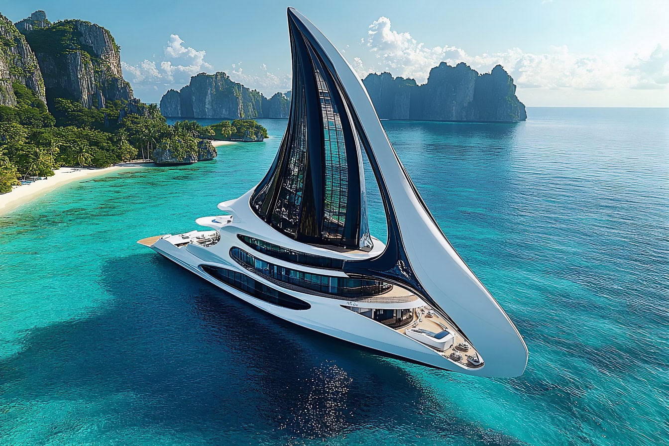 Il concetto futuristico del design del nuovo ultra super yacht, illustrazione grafica renderizzata in 3D