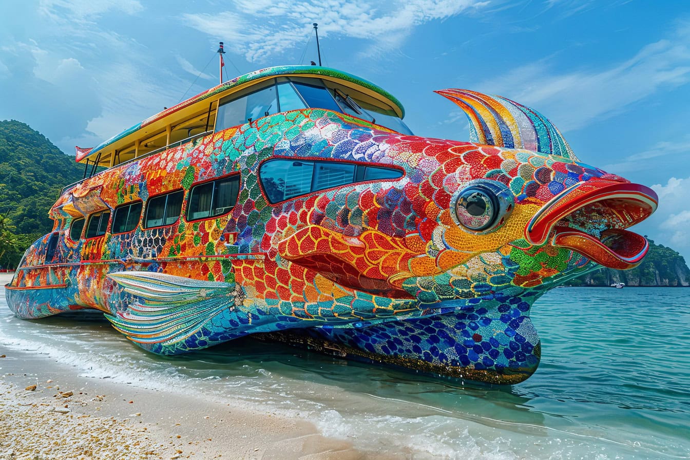 Kleurrijke boot in de vorm van een tropische vis op het strand in het pret-aquapark