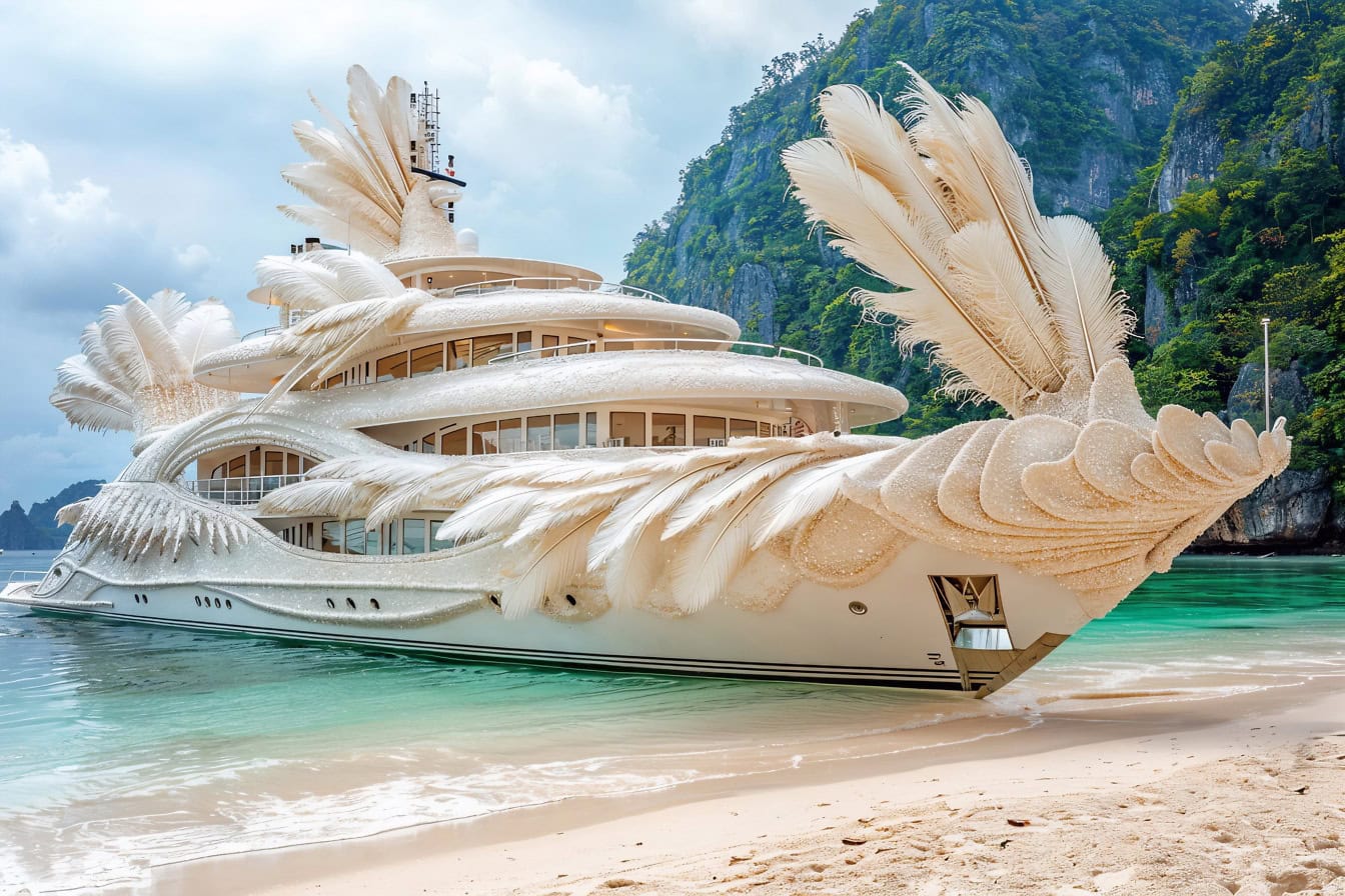 Un yacht blanc de conte de fées avec des plumes blanches amarré sur une plage de sable