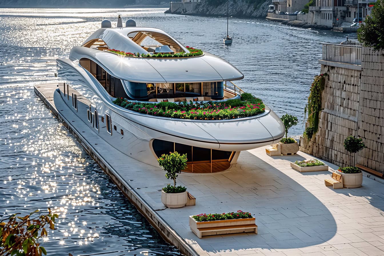 Een luxe jachtclubrestaurant aan het strand in de vorm van een superjacht op een jachthaven