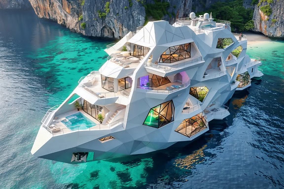 Futuristic concept of the modern white yacht-hotel on the sea coast