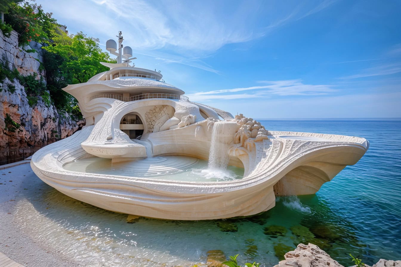 Un iaht alb sculptat în piatră albă cu o fântână jacuzzi pe punte, ancorat pe coasta Mării Adriatice