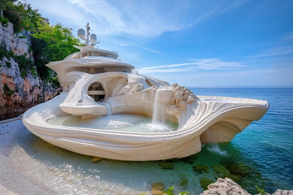 A white yacht carved out of white stone with a jacuzzi fountain on the deck anchored on the coast of the Adriatic Sea