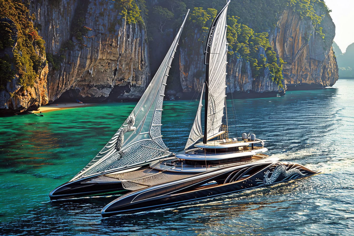 A futuristic concept design of a catamaran-sailboat, a luxury black yacht on the water