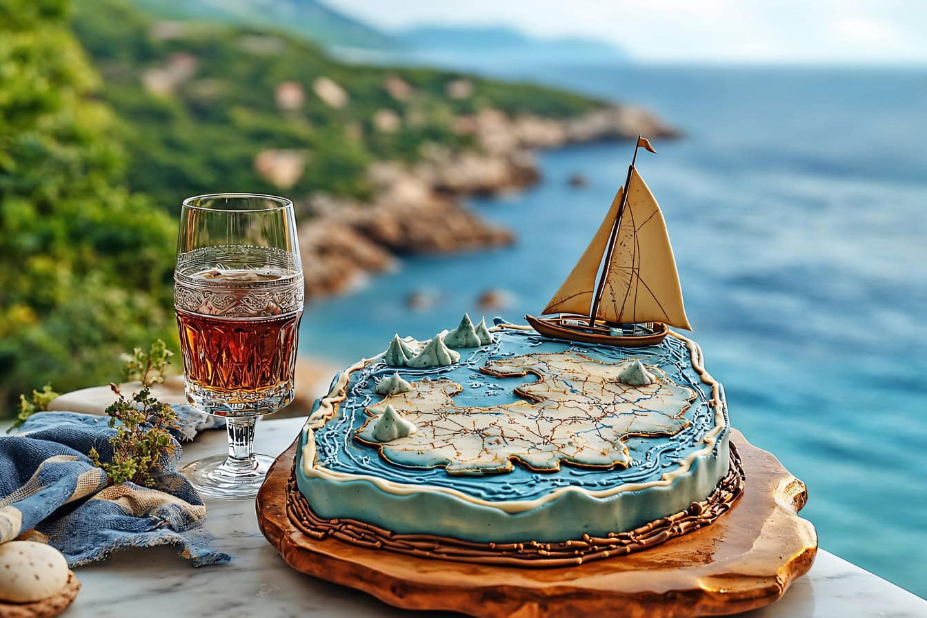 A cake inspired by a maritime theme with a nautical chart and a sailboat on it and a crystal glass with rum on the table