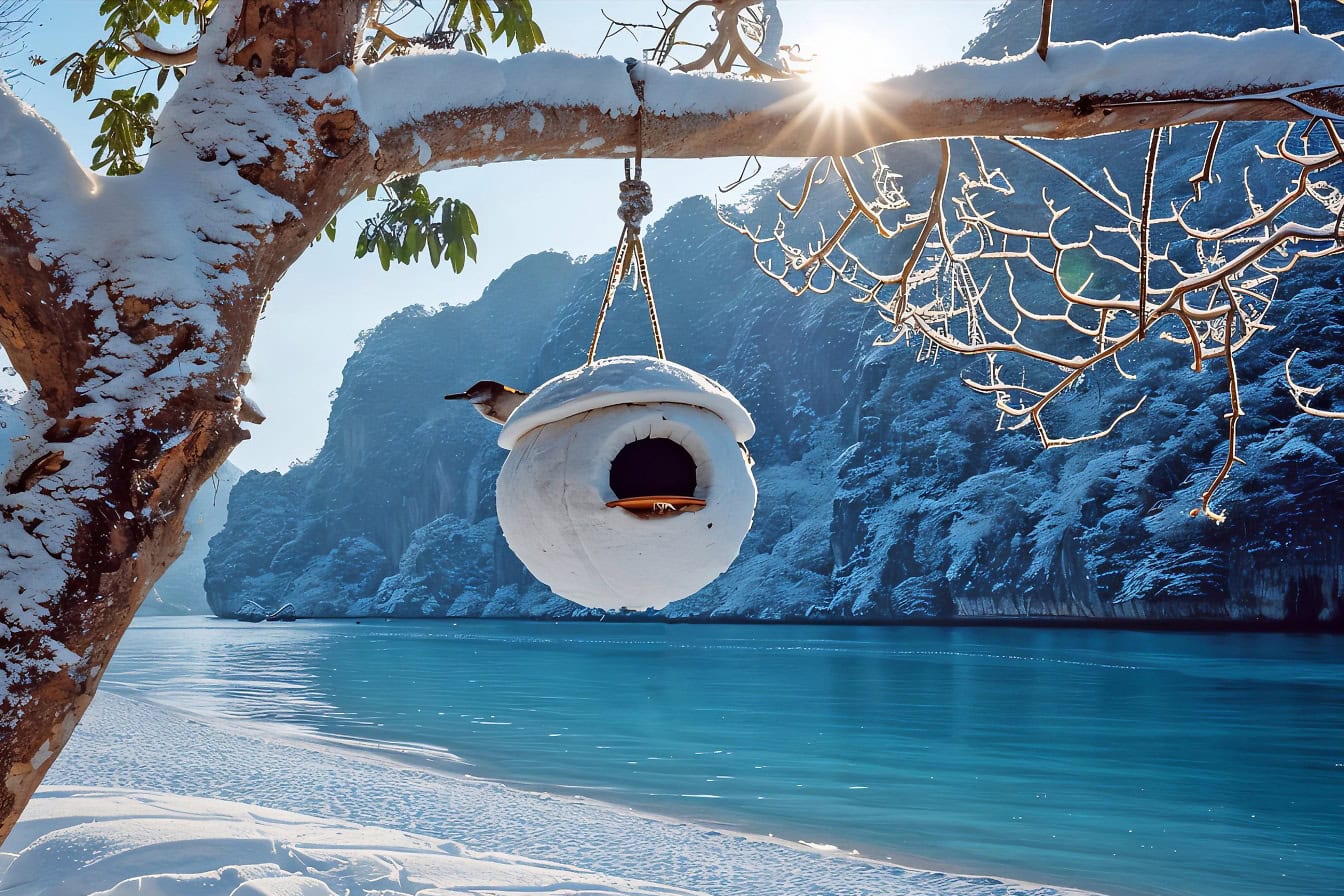 Casa de pájaros cubierta de nieve que cuelga de un árbol nevado junto a un lago congelado en un día soleado de invierno