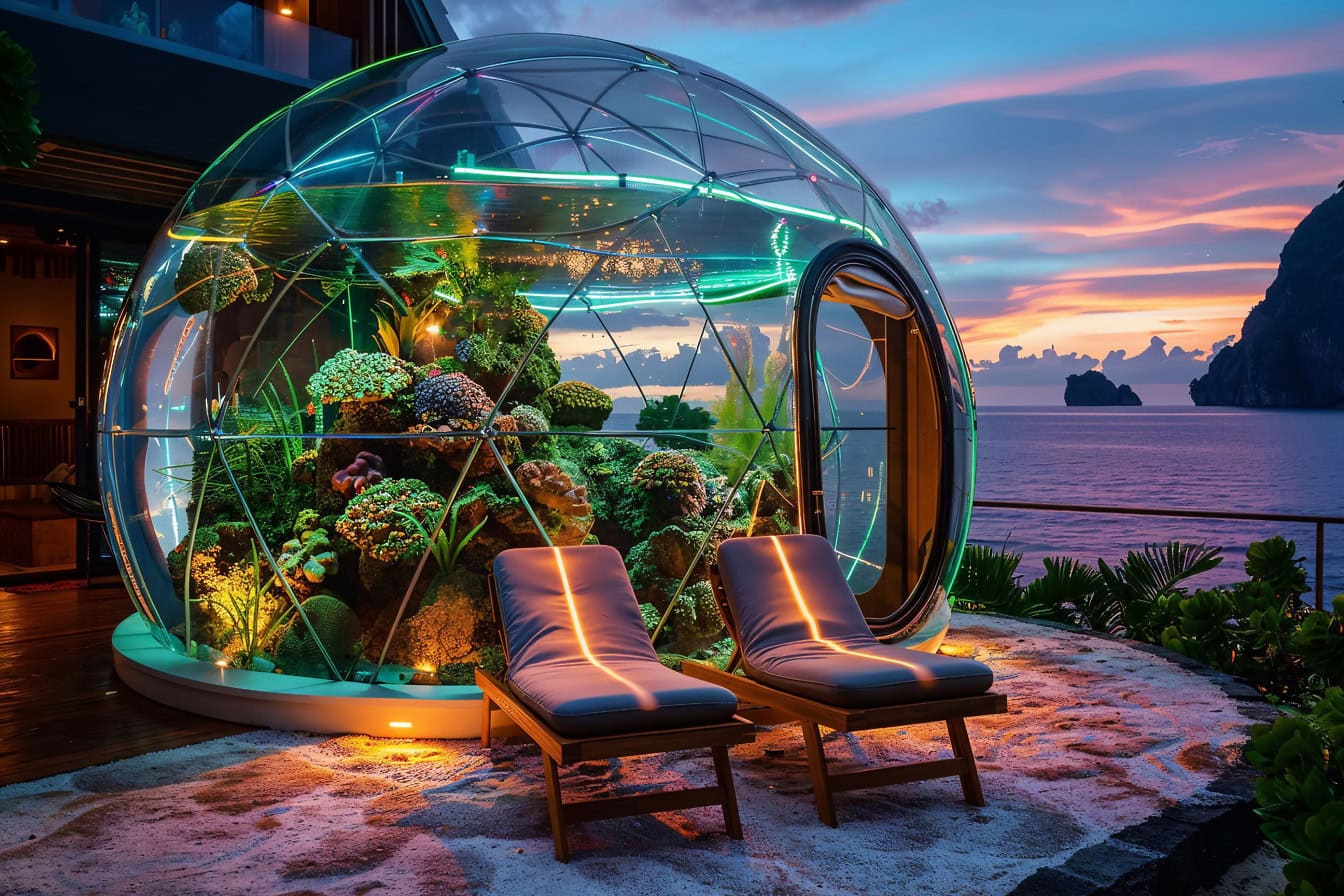 Deux transats devant une tente polyvalente avec un dôme avec un aquarium, un concept futuriste de glamping dans le style cyberpunk