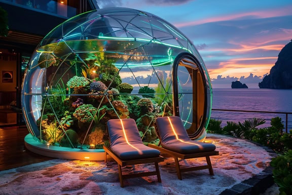 Two deck chairs in front of a multipurpose tent with a dome with an aquarium, a futuristic concept of glamping in cyberpunk style