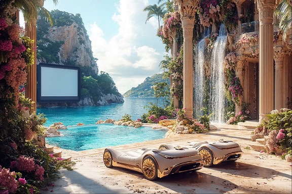 Coches aparcados en el patio trasero de la villa junto a una piscina con vistas al cine al aire libre