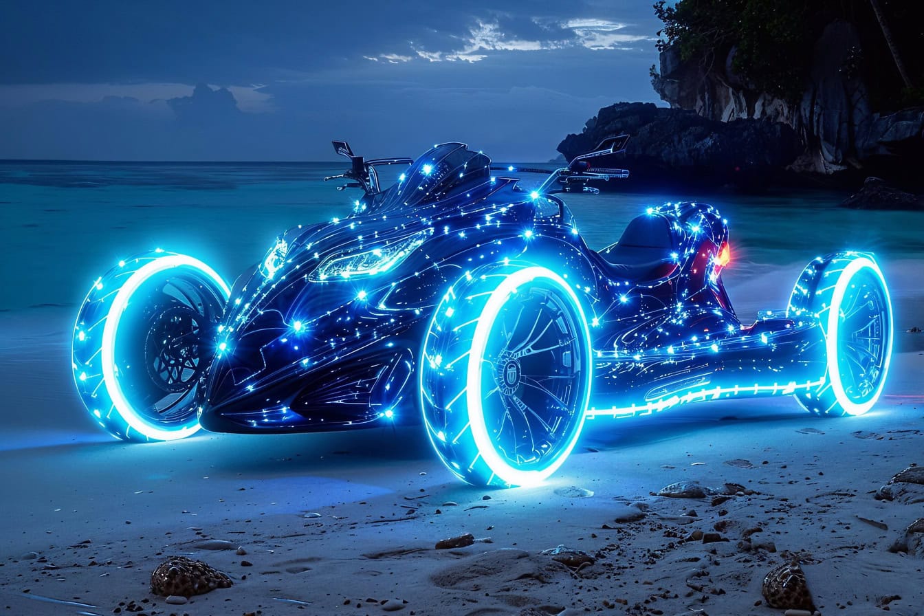 Et futuristisk kjøretøy i cyberpunk-stil med glødende neonlys, en firehjulingsmotorsykkel som gløder på stranden om natten