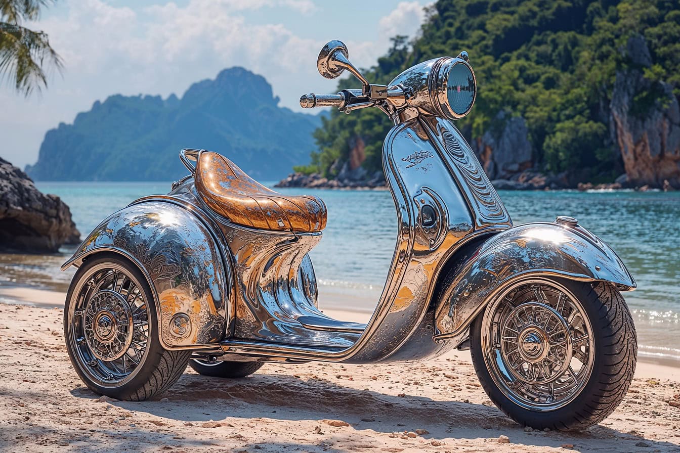 Patinete plateado en una playa, un ciclomotor triciclo brillante estacionado en primera línea de playa