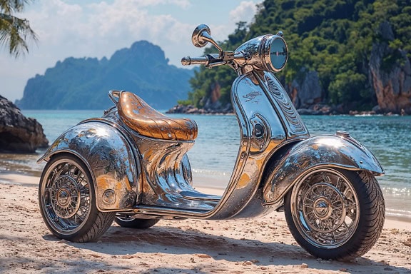 Silberner Roller an einem Strand, ein glänzendes Dreirad-Moped, das an einem Strand geparkt ist