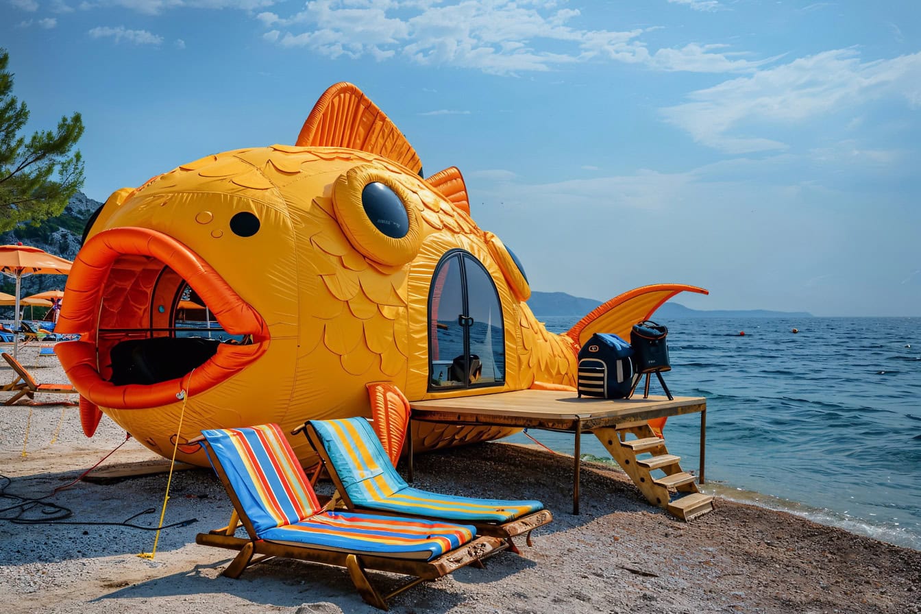 Uma grande tenda glamping inflável laranja-amarela em forma de peixe com deck de madeira e duas espreguiçadeiras na praia