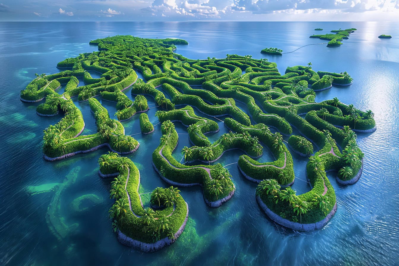 Labirinto nell’acqua un labirinto fatto di isole artificiali, una grafica aerea dall’alto di un’isola verde ecologica in un oceano