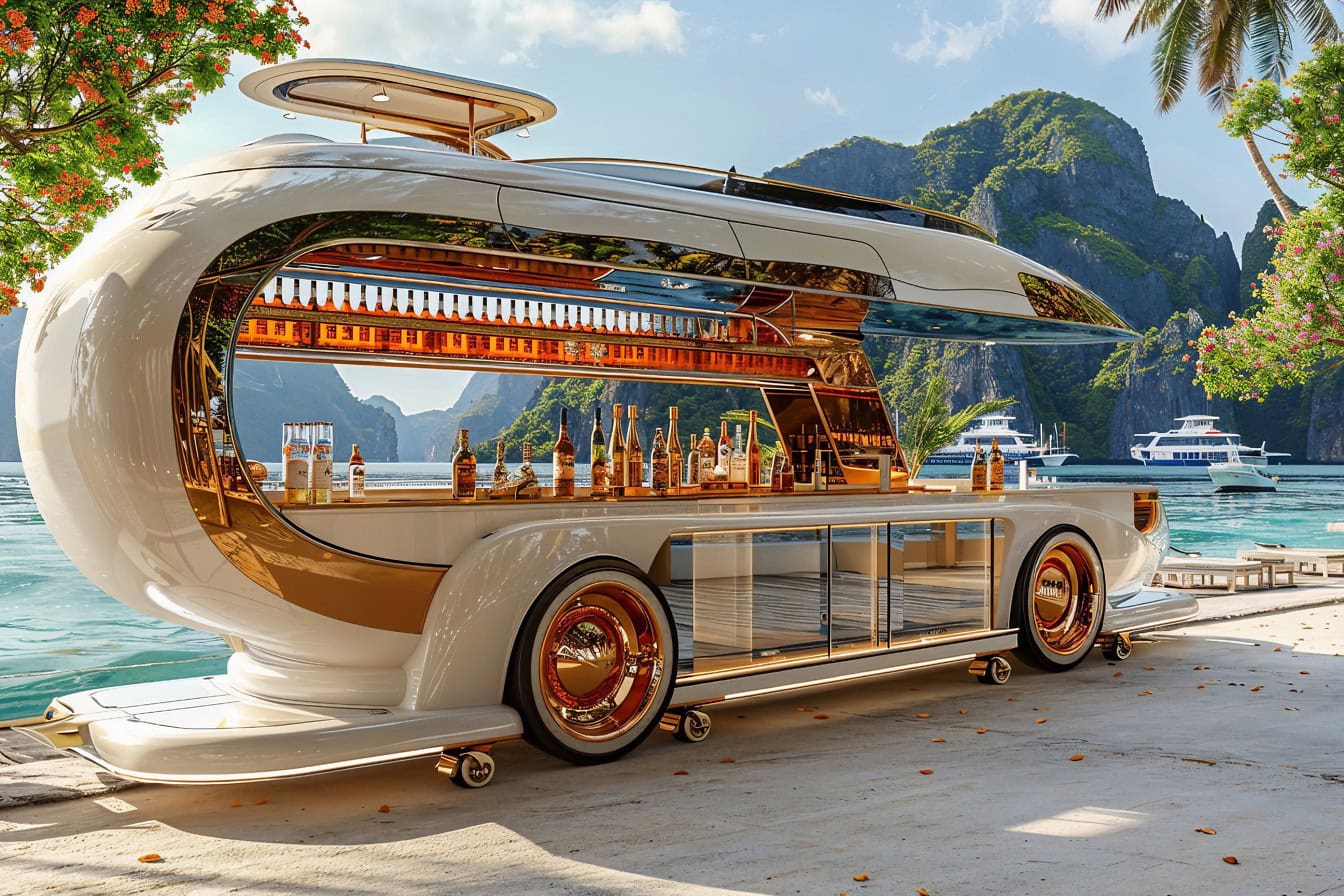 Het futuristische concept van het busontwerp met het drinken bar, een verplaatsbare restaurant-bus die op het strand wordt geparkeerd