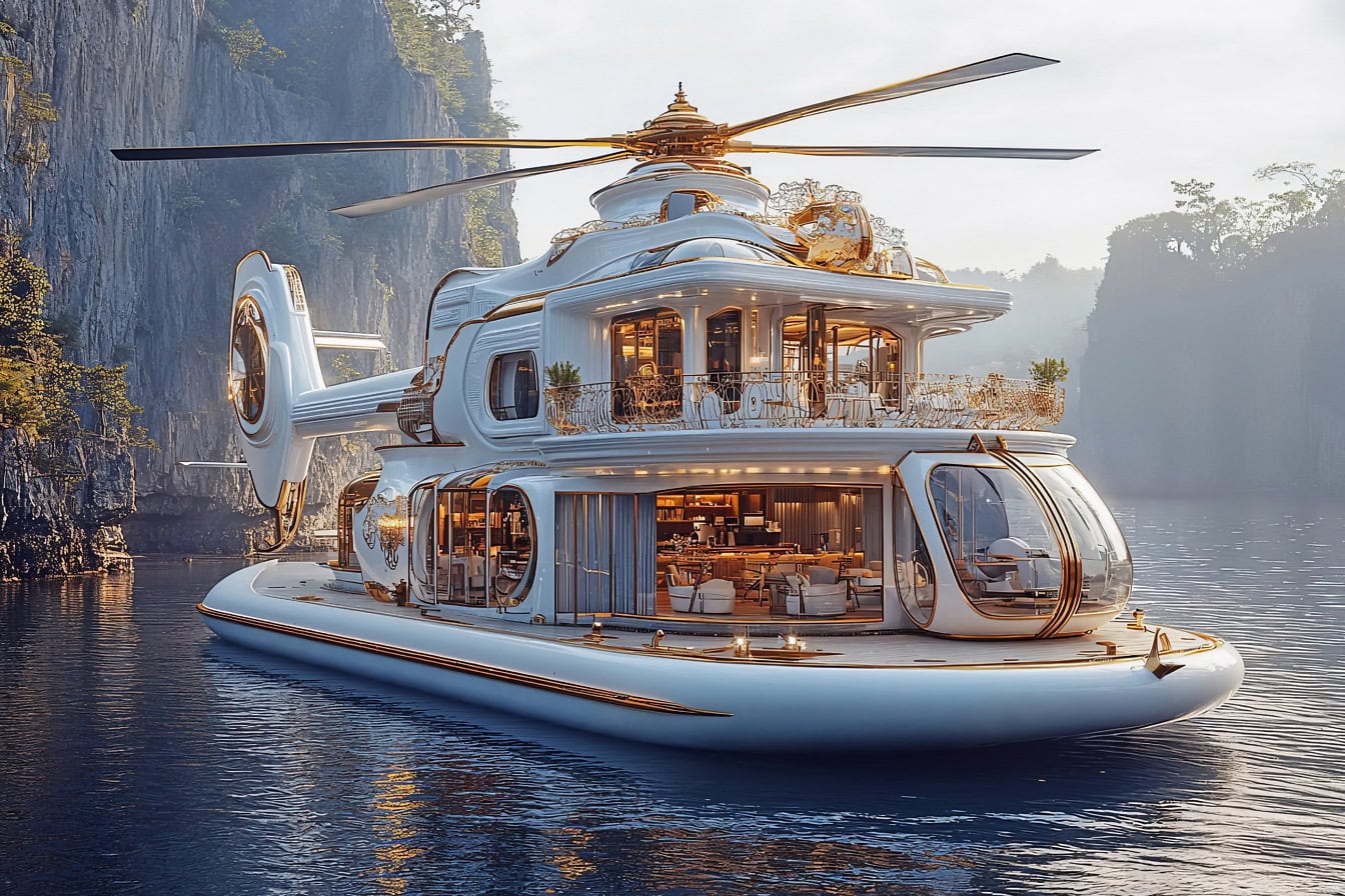 Een futuristisch concept van een multifunctioneel voertuig, een helikopterjacht op het water