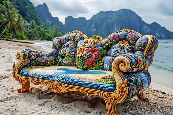 Colorful cozy Victorian-style sofa on the beach