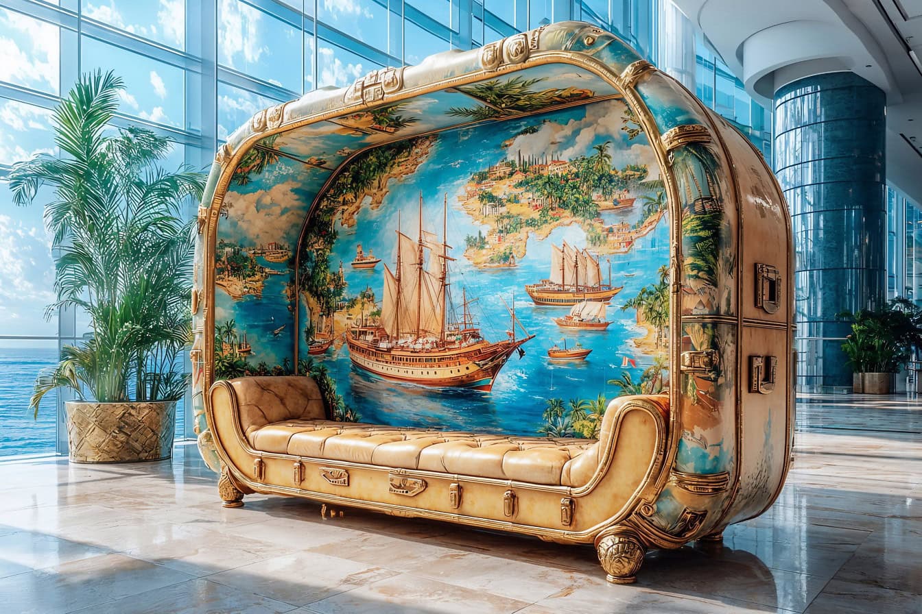 Design concept of a comfortable couch with a nautical style print on it in lobby of a hotel