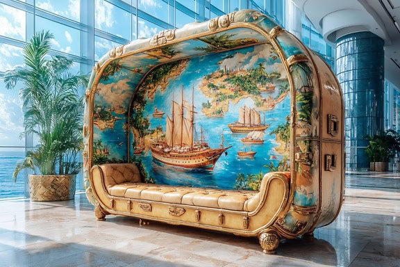 Ontwerpconcept van een comfortabele bank met een nautische stijldruk op het in de lobby van een hotel