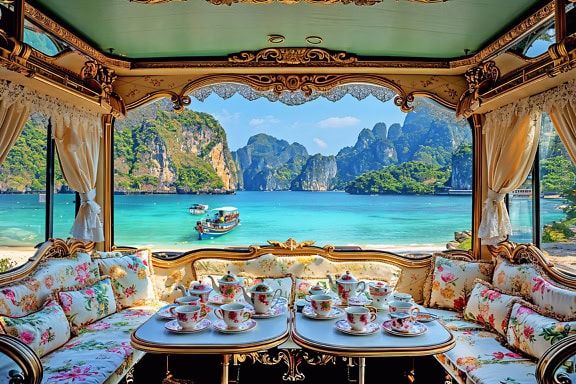 Teeservice mit Teetassen und Untertassen auf einem Tisch in einem viktorianischen Luxuszelt in einem Teegarten an einem Strand mit Blick auf das Meer