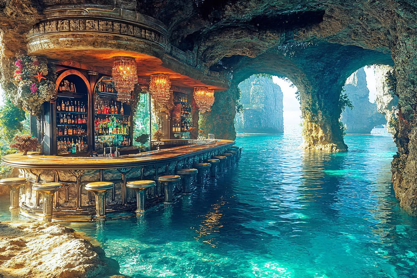 Concept of a majestic sea restaurant inside underwater cave