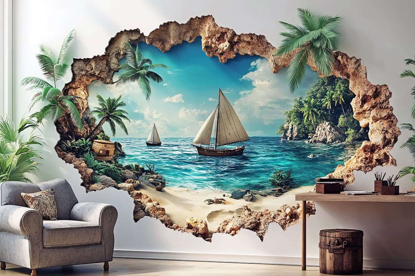 Le concept de décorer l’intérieur du bureau dans un style nautique avec un mur avec un papier peint de la plage et des palmiers